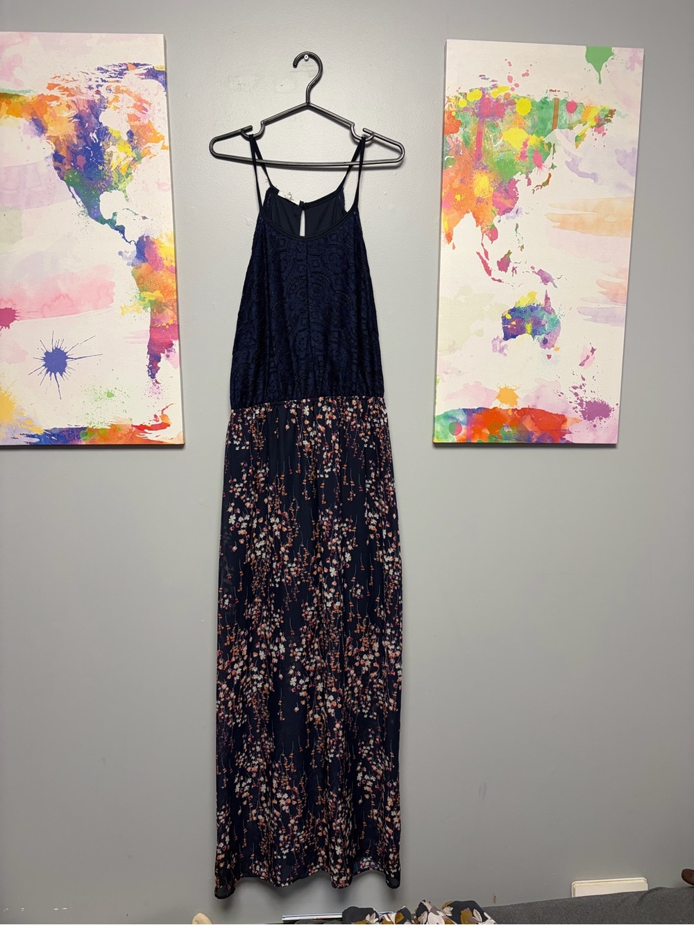 Maurices Navy Lace-Top Floral Maxi Dress with Pink Blossoms